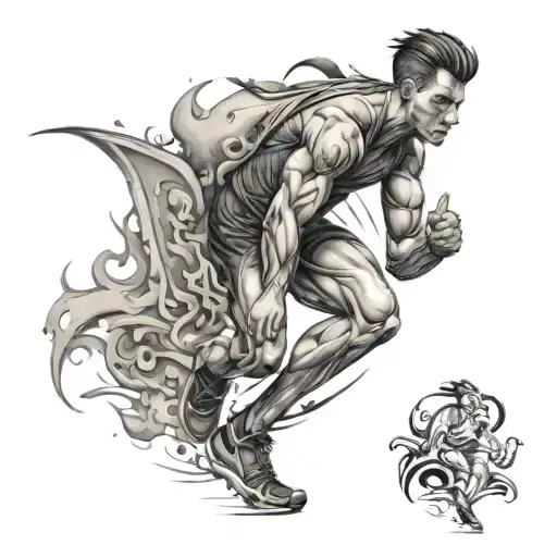 A tattoo design of a runner with a split personality, one side determined and focused, the other struggling and conflicted tattoo design idea