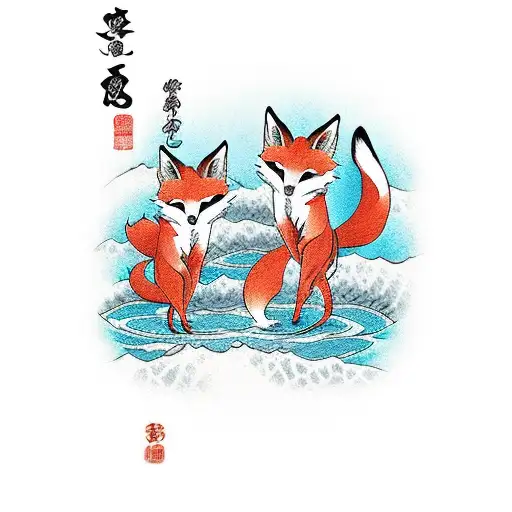 two kitsune foxes walking through a river tattoo design idea