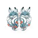 two kitsune foxes walking through a river tattoo design idea