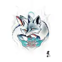 two kitsune foxes walking through a river tattoo design idea