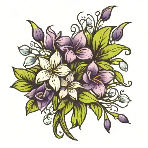 violet and snowdrop flower bouquet fine line tattoo design idea