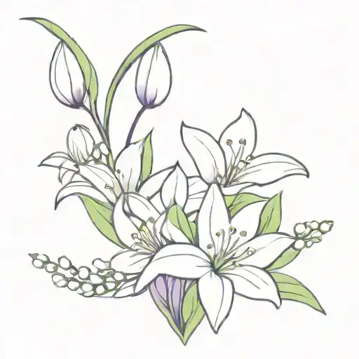 violet and snowdrop and lily of the valley flower bouquet fine line tattoo design idea