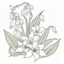 violet and snowdrop and lily of the valley flower bouquet fine line tattoo design idea