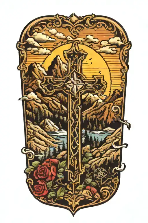 cross surrounded my mountain tattoo design idea