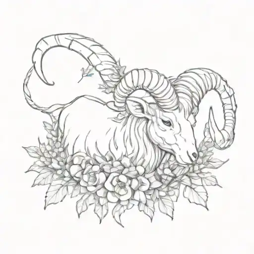 aries ram with honeysuckle and thistle intertwined tattoo design idea