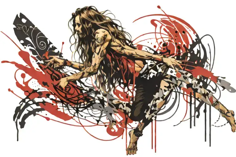 It shows a skinny guy with long hair, full-length hanging in the air tattoo design idea