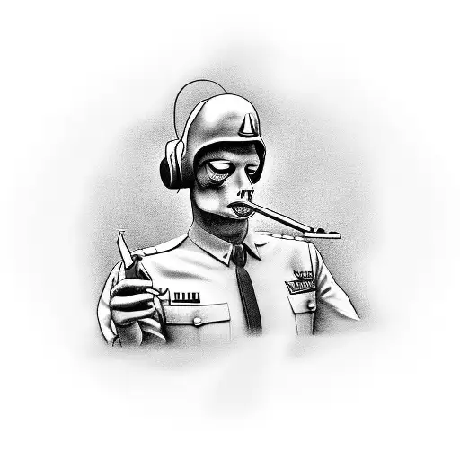 A surreal tattoo design of a soldier smoking a joint while talking on the phone, blending the client's occupation and hobbies in a unique way tattoo design idea