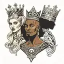 very slim european blonde female with giant muscular big african king males with crown tattoo design idea