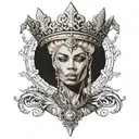 very slim european blonde female with giant muscular big african king males with crown tattoo design idea