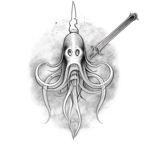 illustrative squid wielding a sword tattoo design idea