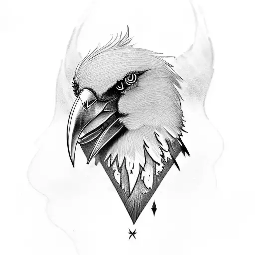 A stylized raven perched on Fenrir's back, surrounded by ancient Nordic runes tattoo design idea