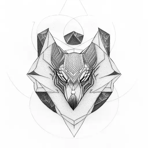 A geometric design incorporating Fenrir, a raven, and Nordic runes in a symmetrical pattern tattoo design idea