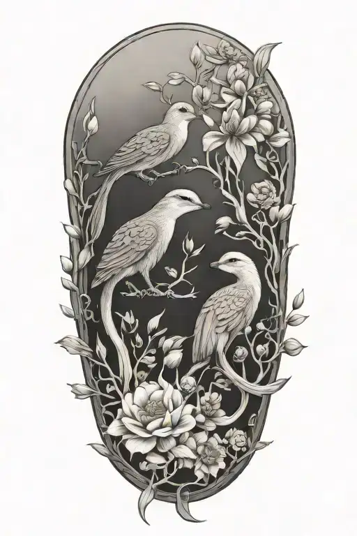 birds, mongoose, flowers intertwined tattoo design idea