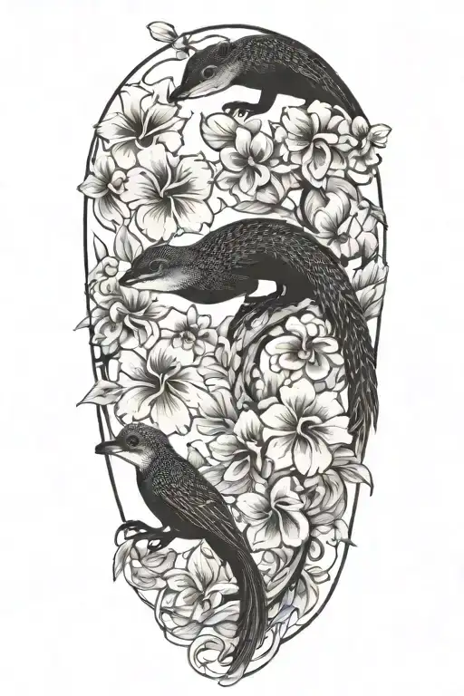 Hawaii birds and mongoose flowers tattoo design idea