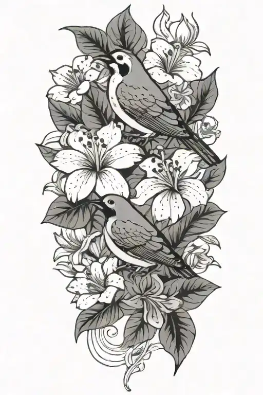 Hawaii birds, hawaii flowers blooming tattoo design idea