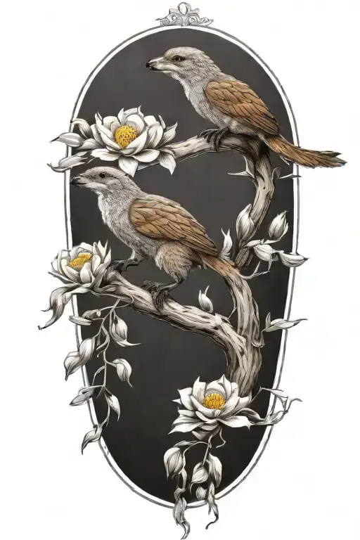 birds, mongoose, flowers intertwined tattoo design idea