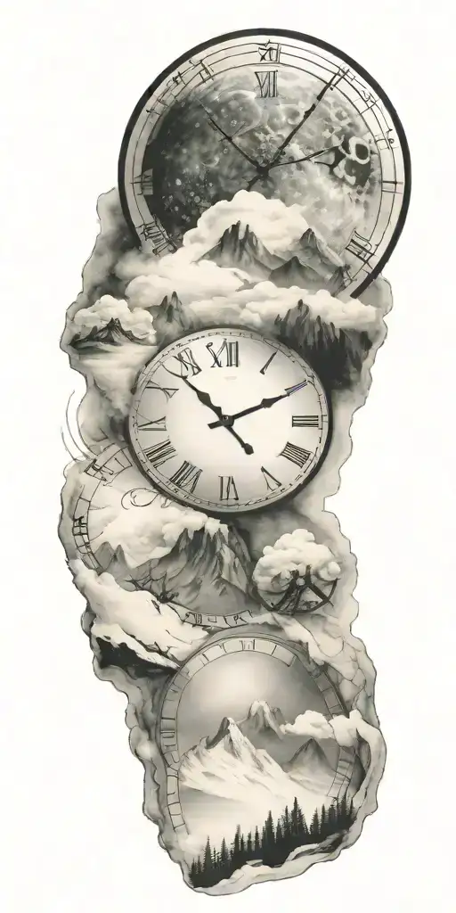 galaxy, nebula, mountains, snow, clocks tattoo design idea