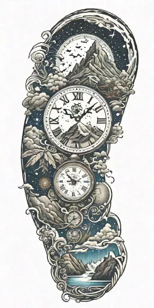 galaxy, nebula, mountains, snow, clocks tattoo design idea