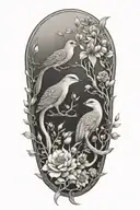 birds, mongoose, flowers intertwined tattoo design idea