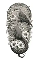 birds, mongoose, flowers intertwined tattoo design idea