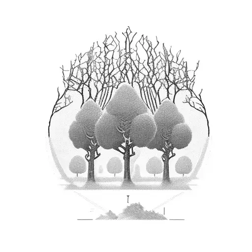 Een boom met een weegschaal en een hangslot in de stam van de boom. Daarboven een boogschutter die een boog en pijlen va tattoo design idea