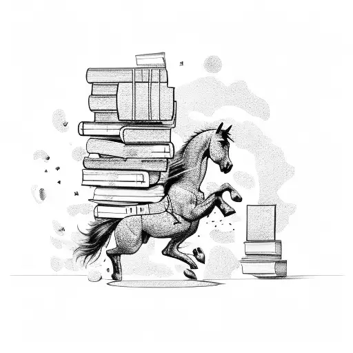 A silhouette of a horse jumping over a stack of books tattoo design idea