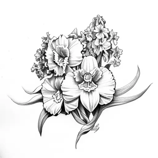 daffodil violet marigold larkspur gladiolus  tattoo design idea