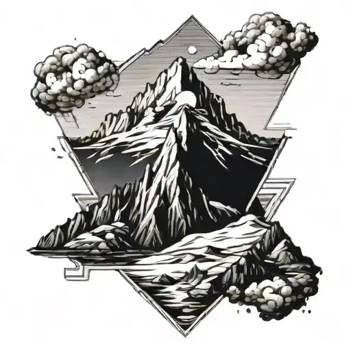 A detailed blackwork tattoo of a rugged mountain landscape with a hidden Superman symbol integrated into the scenery tattoo design idea
