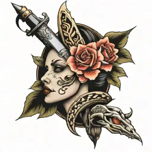 dagger with woman's face inside with snake and flowers tattoo design idea