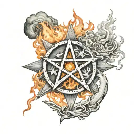 a pentacle surrounded by fire and smoke with burning parts tattoo design idea