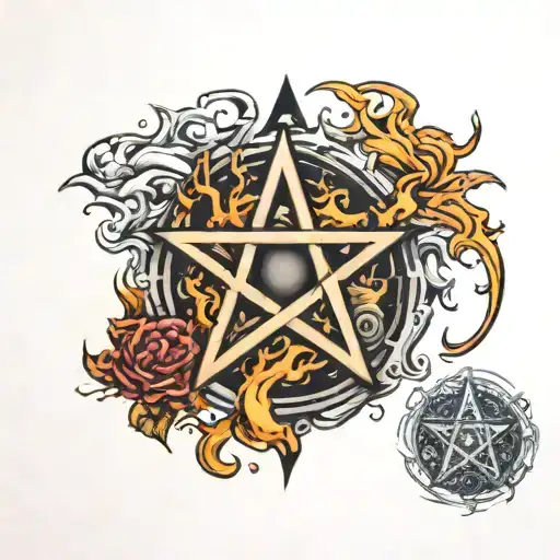 a pentacle surrounded by burning paper tattoo design idea
