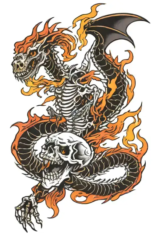 flaming dragon skeleton tattoo design idea