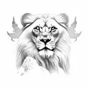 A white lion with wings stood on a high mountain below the sea. tattoo design idea