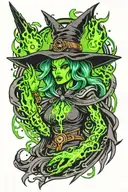 witch ghost with neon green lightning bolts on sheet tattoo design idea