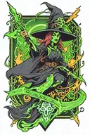 witch ghost with neon green lightning bolts on sheet tattoo design idea