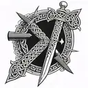 A Celtic sword intertwined with Celtic knots and Ogham letters, symbolizing strength and martial arts tattoo design idea