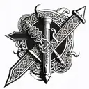 A Celtic sword intertwined with Celtic knots and Ogham letters, symbolizing strength and martial arts tattoo design idea