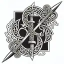 A Celtic sword intertwined with Celtic knots and Ogham letters, symbolizing strength and martial arts tattoo design idea