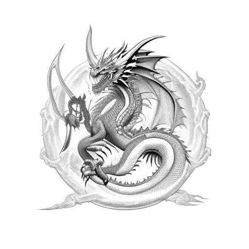 Dragon body with dragon eye and wrapped around sword tattoo design idea