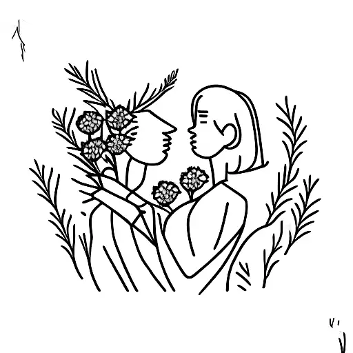 man and woman in an hour glass reaching for eachother surrounded by asphodel flowers and red carnations tattoo design idea