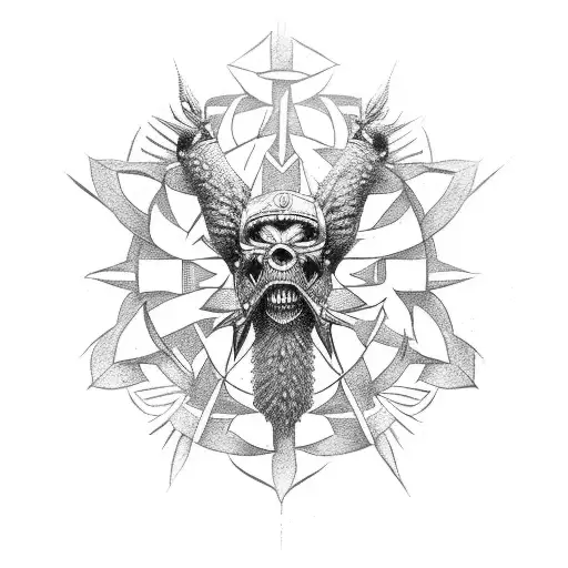 A detailed tattoo of a Far Cry 5 cult symbol intertwined with intricate cosplay armor tattoo design idea
