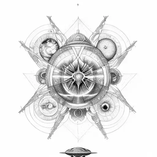 An intricate design of a cross made up of interstellar objects like planets and comets tattoo design idea