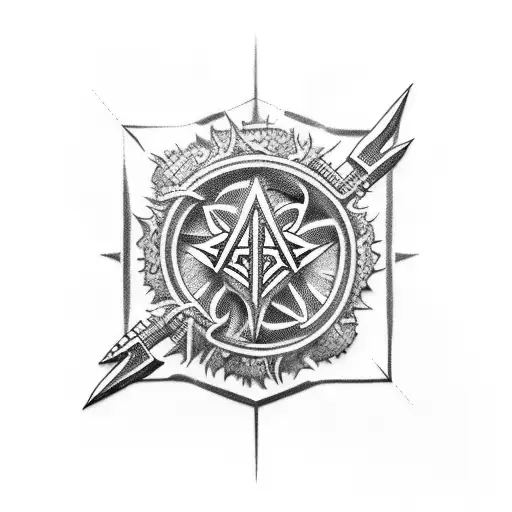 A detailed tattoo of a Far Cry 5 cult symbol intertwined with intricate cosplay armor tattoo design idea