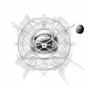 An intricate design of a cross made up of interstellar objects like planets and comets tattoo design idea