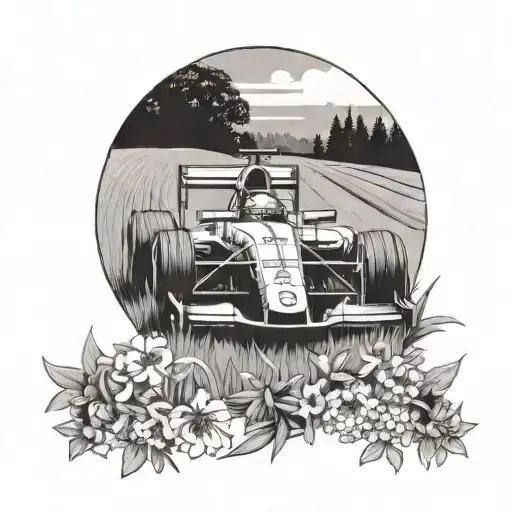 A Formula 1 Car Racing Through A field of wildflowers  tattoo design idea
