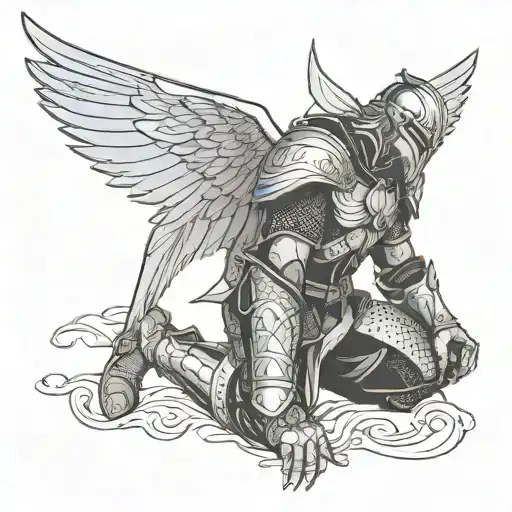 a side profile of an angle in armor kneeling with his wings spread out above him. surrounding space is viking themed  tattoo design idea