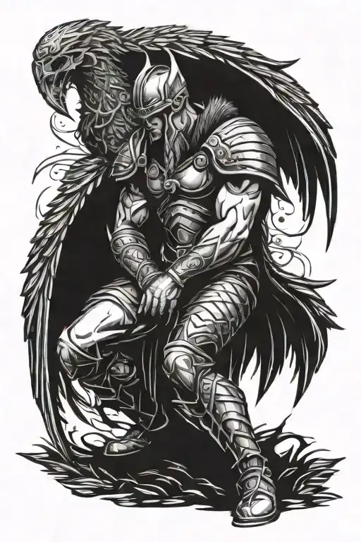 Side profile kneeling angle with armor with large black wings spread above him and viking theme surroundings tattoo design idea