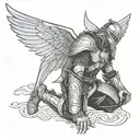 a side profile of an angle in armor kneeling with his wings spread out above him. surrounding space is viking themed  tattoo design idea