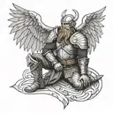 a side profile of an angle in armor kneeling with his wings spread out above him. surrounding space is viking themed  tattoo design idea
