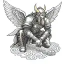 a side profile of an angle in armor kneeling with his wings spread out above him. surrounding space is viking themed  tattoo design idea